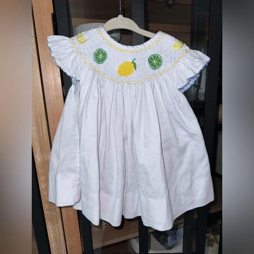 Smockingbird lemons smocked dress top embroidered ruffles toddler girl limes